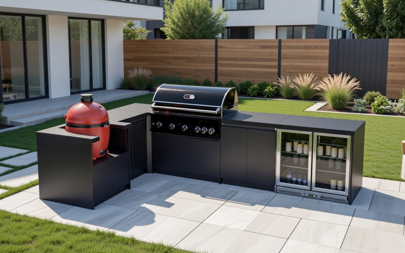 Whistler Fairford L-Shaped Black Outdoor Kitchen with Burford 5-Burner BBQ | Dimensions 2.3m x 3.5m