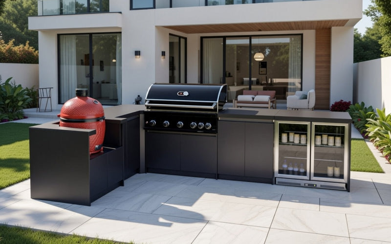 Whistler Fairford L-Shaped Black Outdoor Kitchen with Burford 5-Burner BBQ | Dimensions 2.3m x 3.5m
