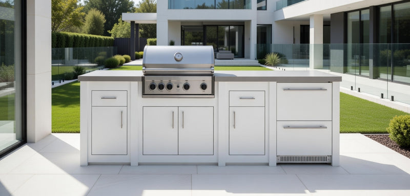 Grandpro by Stoll Aluminum Outdoor Kitchen Pro Elite, Green Egg, and Double Drawer Fridge | 3M