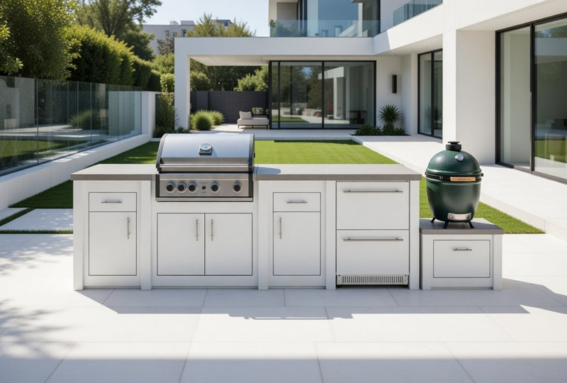 Grandpro by Stoll Aluminum Outdoor Kitchen Pro Elite, Green Egg, and Double Drawer Fridge | 3.8M