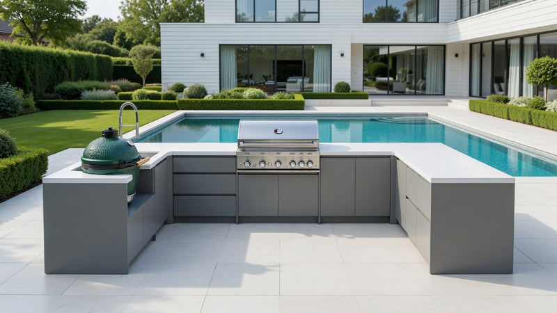 Whistler Fairford Grey U-Shaped Outdoor Kitchen with Burford 5-Burner BBQ | Dimensions 2.3m x 4.8m x 1.6m