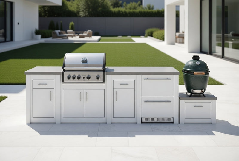 Grandpro by Stoll Aluminum Outdoor Kitchen Pro Elite, Green Egg, and Double Drawer Fridge | 3.8M