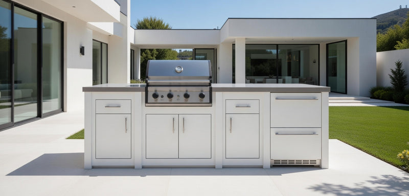 Grandpro by Stoll Aluminum Outdoor Kitchen Pro Elite, Green Egg, and Double Drawer Fridge | 3M