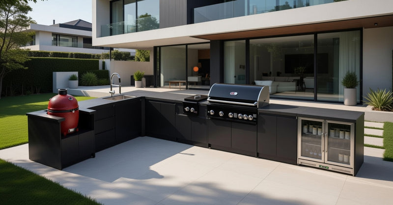 Whistler Fairford Black L-Shaped Outdoor Kitchen with Burford 5-Burner BBQ | Dimensions 3.1m x 5.1m