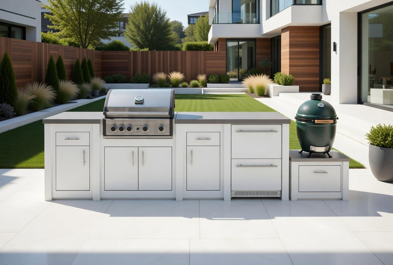 Grandpro by Stoll Aluminum Outdoor Kitchen Pro Elite, Green Egg, and Double Drawer Fridge | 3.8M