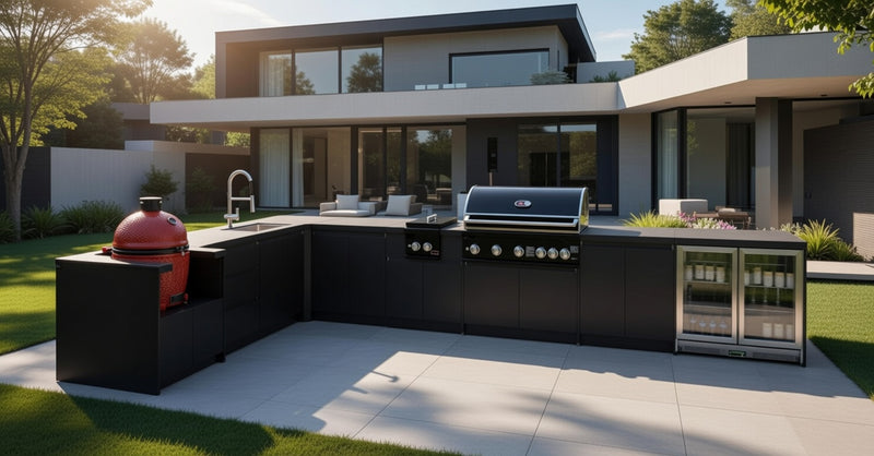 Whistler Fairford Black L-Shaped Outdoor Kitchen with Burford 5-Burner BBQ | Dimensions 3.1m x 5.1m