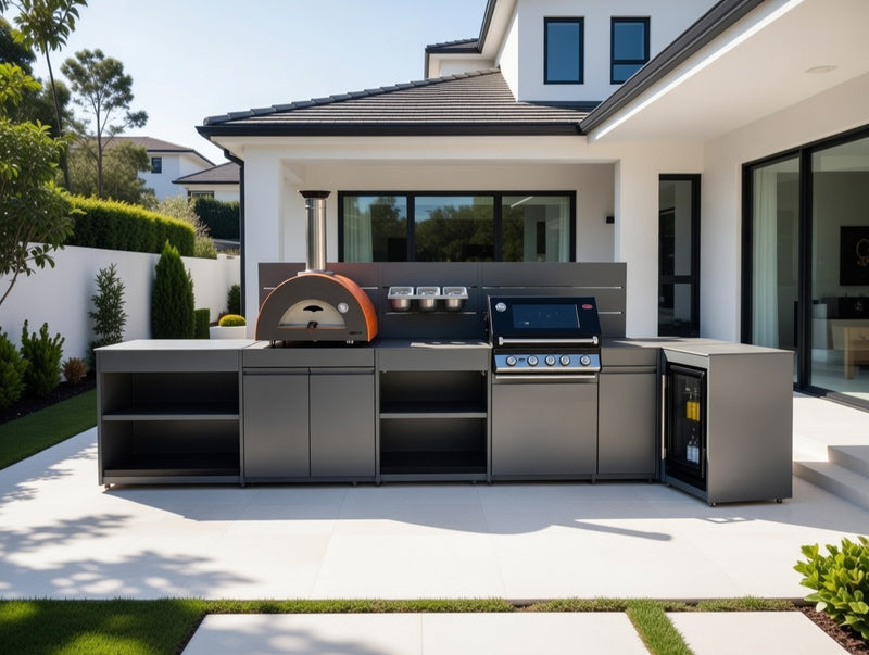 Vision Outdoor Kitchen L Shape Fridge, Pizza Oven, Kamado, and Barbecue Grill