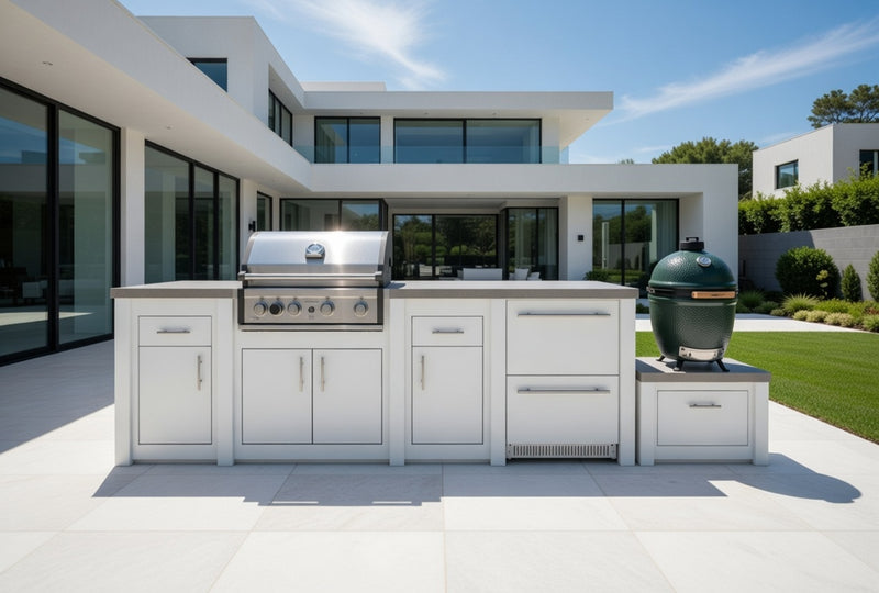 Grandpro by Stoll Aluminum Outdoor Kitchen Pro Elite, Green Egg, and Double Drawer Fridge | 3.8M