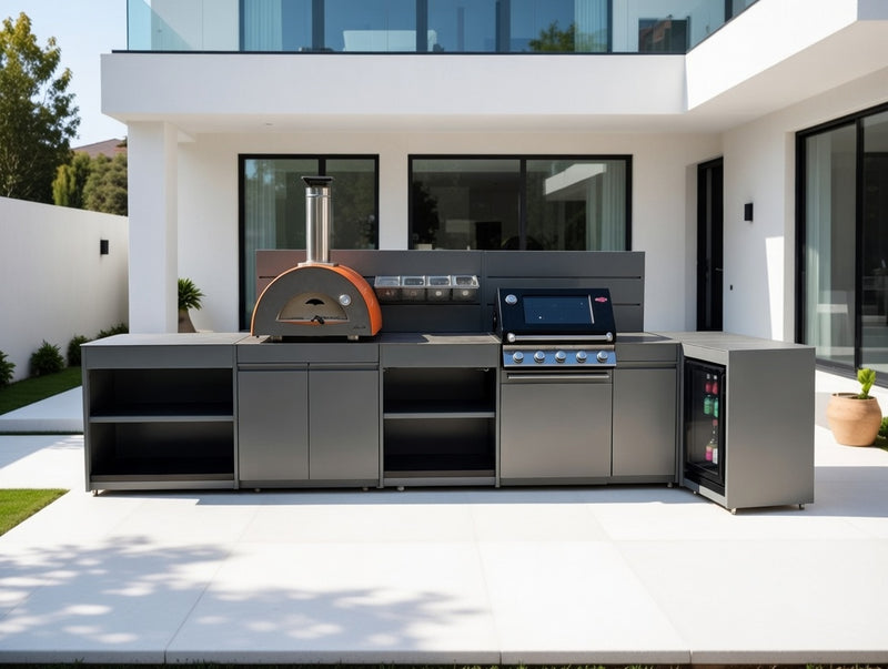 Vision Outdoor Kitchen L Shape Fridge, Pizza Oven, Kamado, and Barbecue Grill