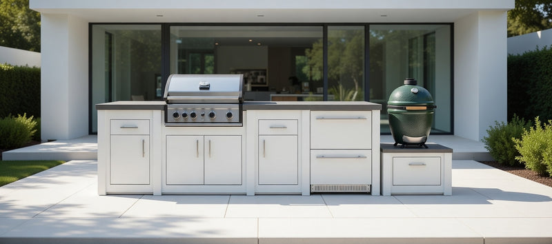 Grandpro by Stoll Aluminum Outdoor Kitchen Pro Elite, Green Egg, and Double Drawer Fridge | 3M