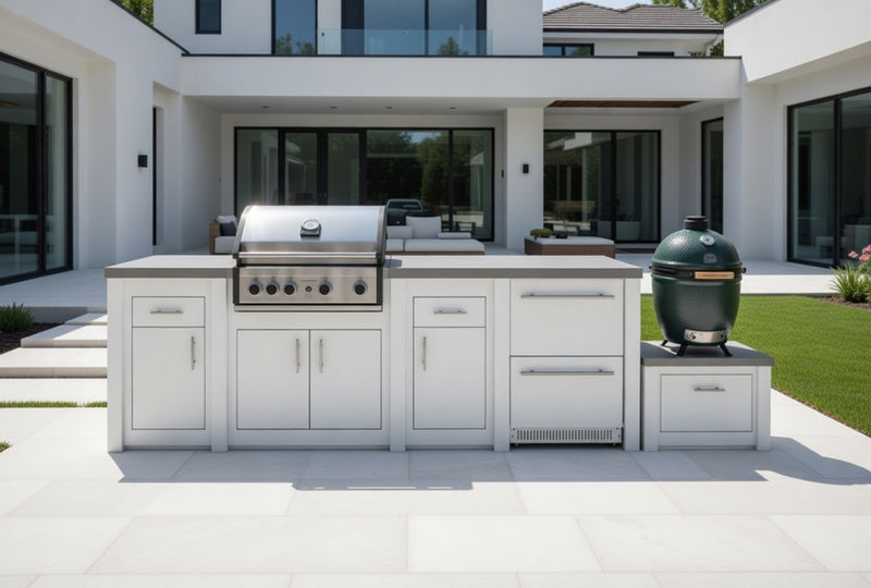 Grandpro by Stoll Aluminum Outdoor Kitchen Pro Elite, Green Egg, and Double Drawer Fridge | 3.8M