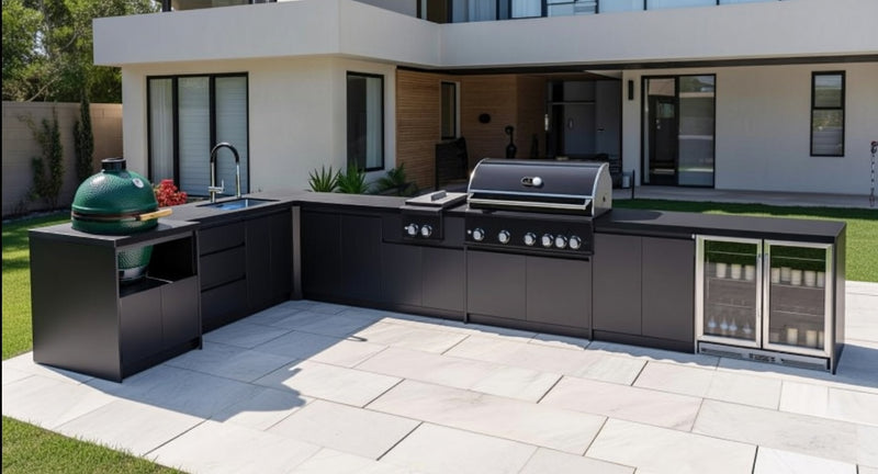 Whistler Fairford Black L-Shaped Outdoor Kitchen with Burford 5-Burner BBQ | Dimensions 3.1m x 5.1m