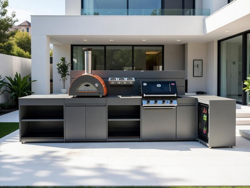 Vision Outdoor Kitchen L Shape Fridge, Pizza Oven, Kamado, and Barbecue Grill