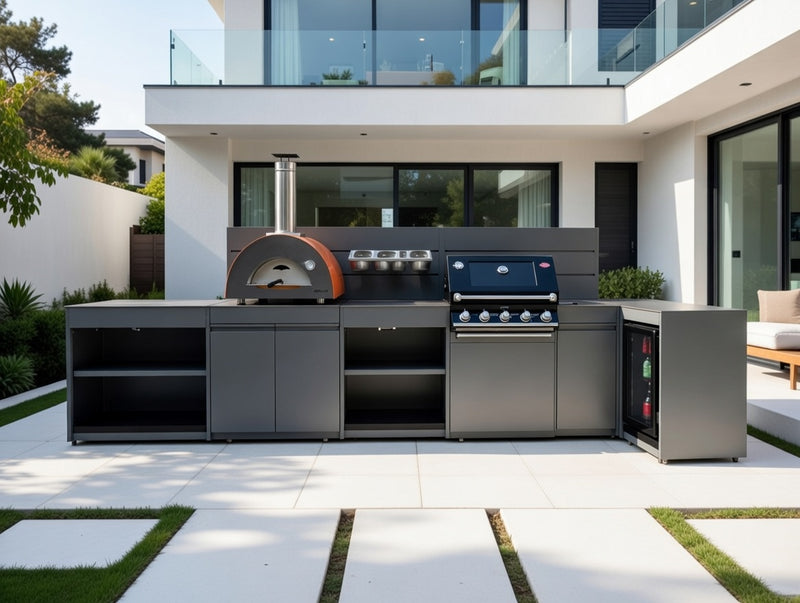 Vision Outdoor Kitchen L Shape Fridge, Pizza Oven, Kamado, and Barbecue Grill