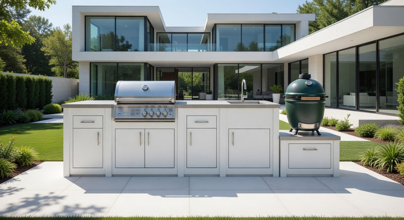 Grandpro by Stoll Aluminum Outdoor Kitchen Crossray Green Egg, Sink, and Double Drawer Fridge