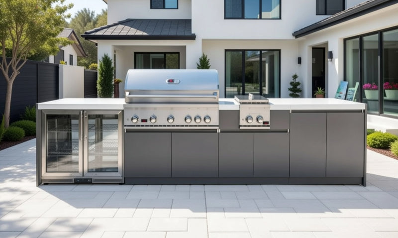 Whistler Fairford Grey Outdoor Kitchen 5-Burner BBQ, Fridge and side Burner | 3.6M Full-Length