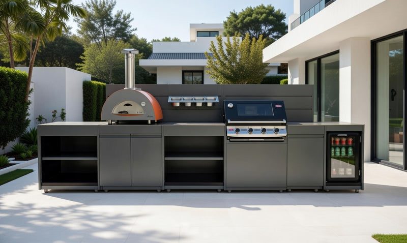 Vision Outdoor Kitchen with Fridge, Pizza Oven, Kamado, and Barbecue Grill