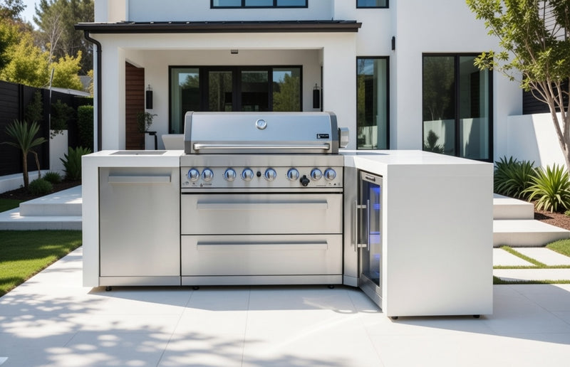 Mont Alpi L Shape Outdoor kitchen 6-burner Deluxe Island + Fridge + Weather Cover - 2.4M