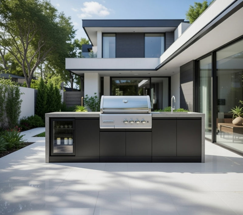 GrandPro Outdoor Kitchen with CrossRay 4 Burner BBQ, Sink, Fridge and WaterFall - 2.9m