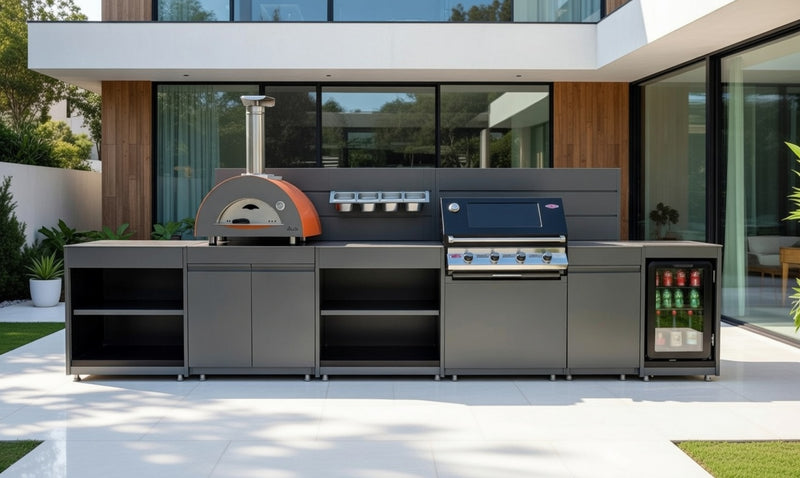 Vision Outdoor Kitchen with Fridge, Pizza Oven, Kamado, and Barbecue Grill