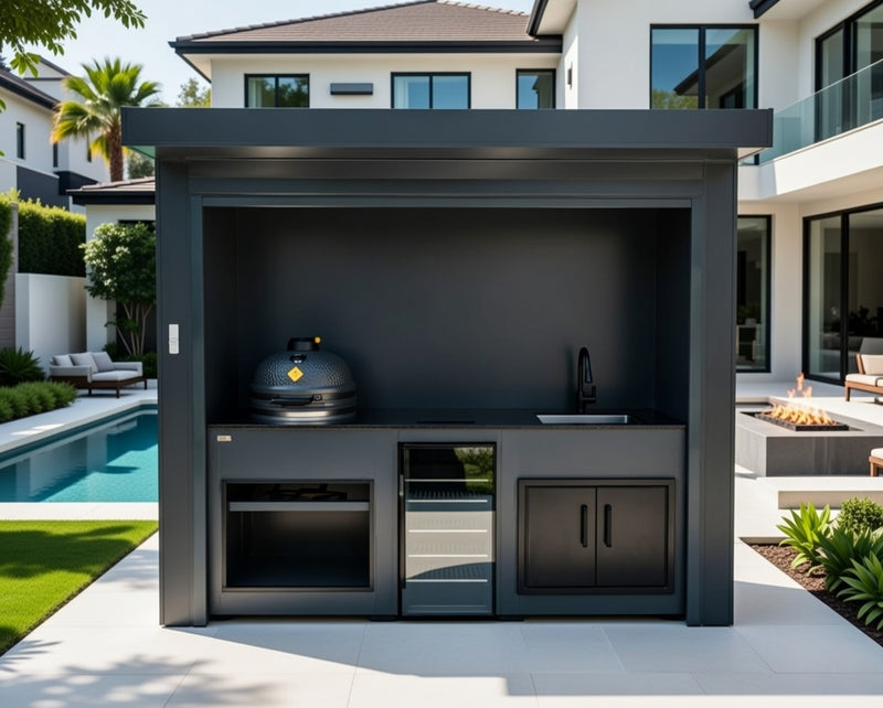 Grillandia Outdoor Kitchen Roll Cabana Kamado BBQ, Fridge, and Sink  | 2.9M