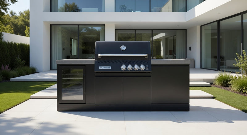 GrandPro Outdoor Kitchen with Black CrossRay 4 Burner BBQ, and Fridge  - 2.2m