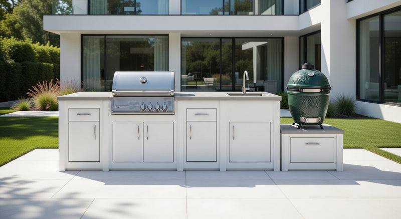 Grandpro by Stoll Aluminum Outdoor Kitchen Crossray Green Egg, Sink, and Double Drawer Fridge