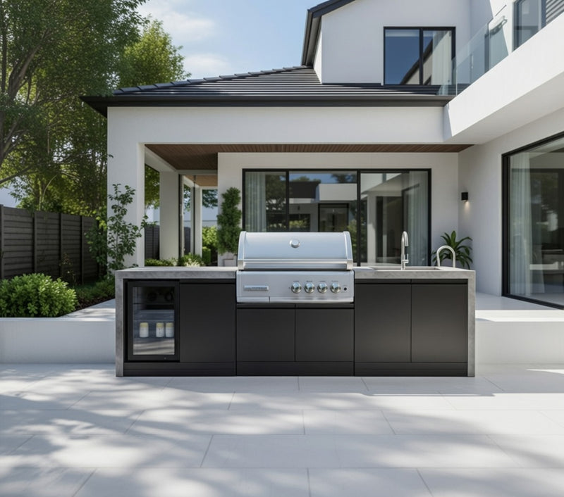 GrandPro Outdoor Kitchen with CrossRay 4 Burner BBQ, Sink, Fridge and WaterFall - 2.9m