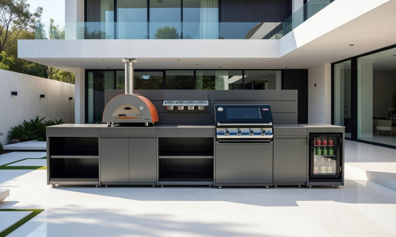 Vision Outdoor Kitchen with Fridge, Pizza Oven, Kamado, and Barbecue Grill