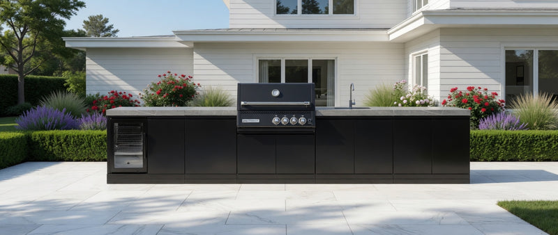 GrandPro Outdoor Kitchen with Black CrossRay 4 Burner BBQ, Fridge and Sink - 4140mm