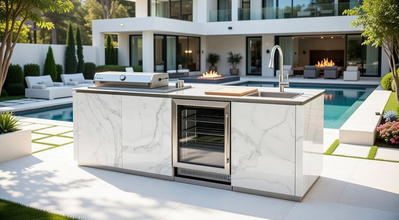 Buschbeck Derby Outdoor Kitchen – White Marbled Ceramic Finish 2.6M Plus Weather Protection Cover