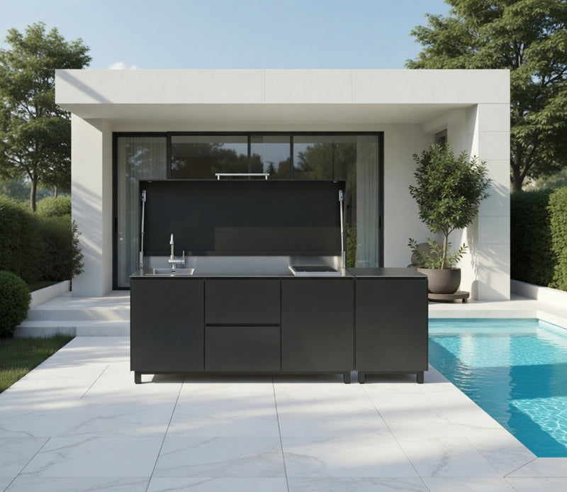 Hoppilif Outdoor Kitchen | Full lid Grill Electric Barazza Thalas, Hod & Folding Tap and Sink – Black (2.3m)