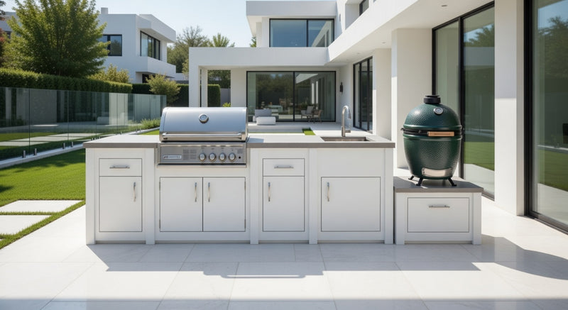 Grandpro by Stoll Aluminum Outdoor Kitchen Crossray Green Egg, Sink, and Double Drawer Fridge