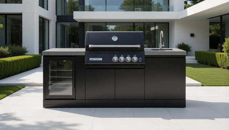 GrandPro Outdoor Kitchen with Black CrossRay 4 Burner BBQ, Sink and Fridge  - 2.2m