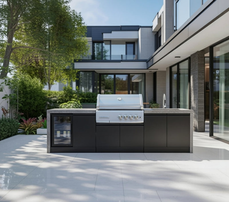 GrandPro Outdoor Kitchen with CrossRay 4 Burner BBQ, Sink, Fridge and WaterFall - 2.9m