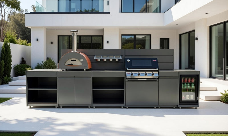 Vision Outdoor Kitchen with Fridge, Pizza Oven, Kamado, and Barbecue Grill