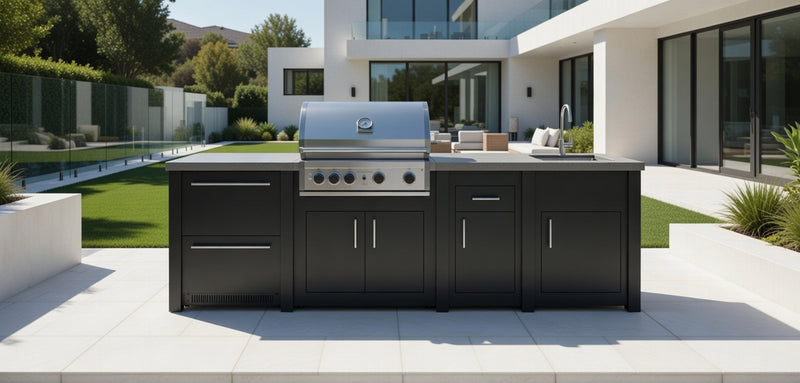 Grandpro by Stoll Aluminum Outdoor Kitchen Graphite Pro Elite Sink, and Double Drawer Fridge | 3M