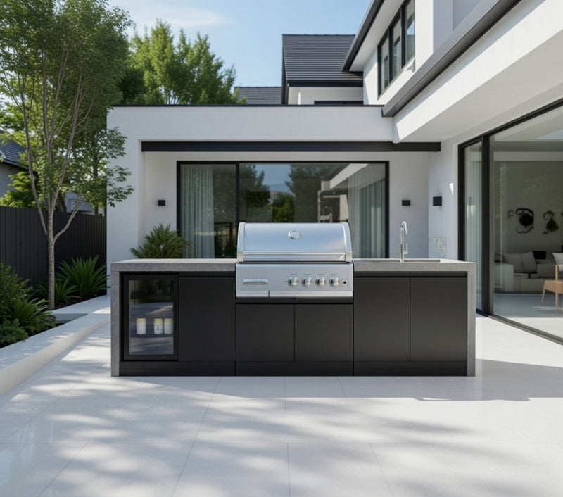 GrandPro Outdoor Kitchen with CrossRay 4 Burner BBQ, Sink, Fridge and WaterFall - 2.9m