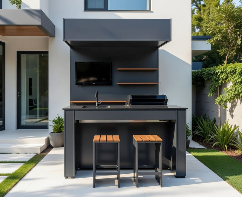 Grillandia Outdoor Kitchen Open Pro Gas Grill Cabana, Stools, 40" TV, and Sink | 2M