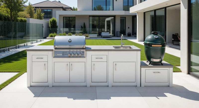 Grandpro by Stoll Aluminum Outdoor Kitchen Crossray Green Egg, Sink, and Double Drawer Fridge