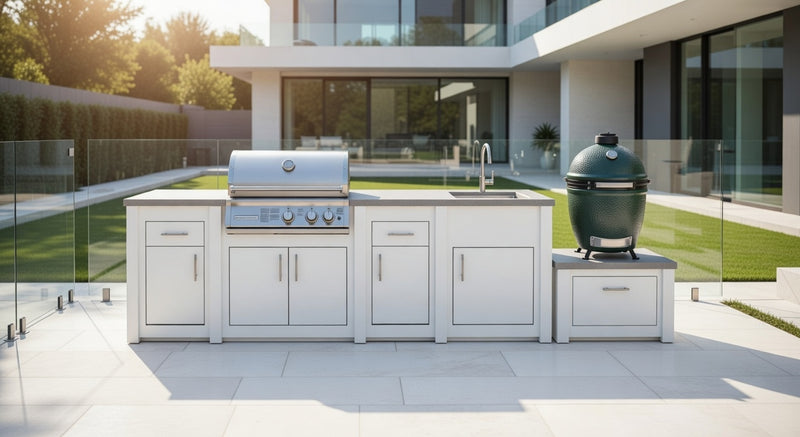 Grandpro by Stoll Aluminum Outdoor Kitchen Crossray Green Egg, Sink, and Double Drawer Fridge