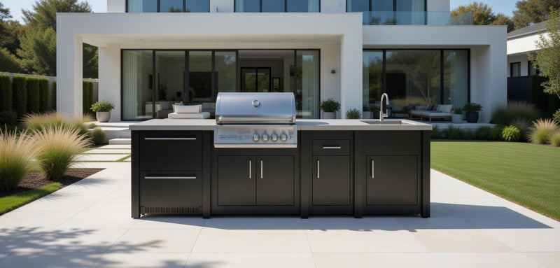 Grandpro by Stoll Aluminum Outdoor Kitchen Graphite Crossray Sink, and Double Drawer Fridge | 3M
