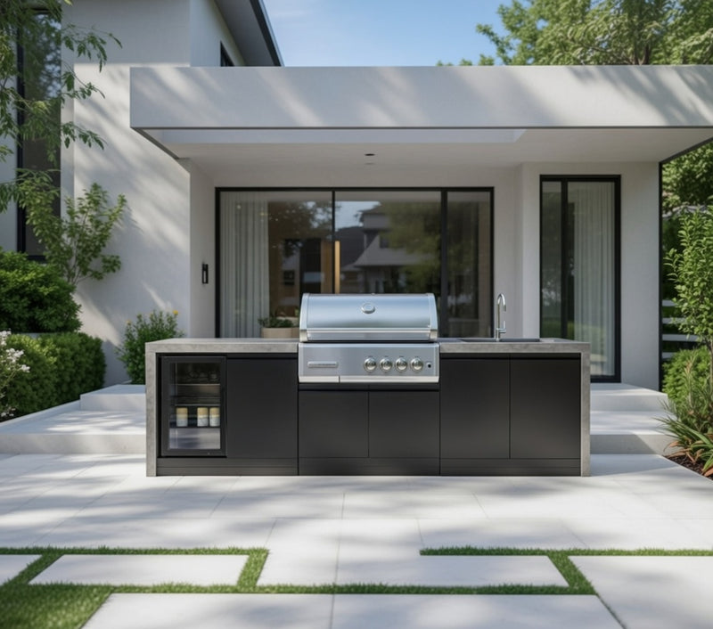 GrandPro Outdoor Kitchen with CrossRay 4 Burner BBQ, Sink, Fridge and WaterFall - 2.9m