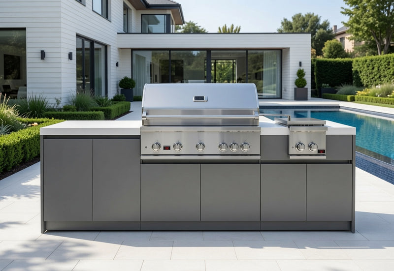 Whistler Fairford Grey Outdoor Kitchen 5-Burner BBQ and side Burner | 2.7M Full-Length