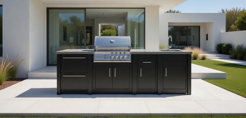 Grandpro by Stoll Aluminum Outdoor Kitchen Graphite Crossray Sink, and Double Drawer Fridge | 3M