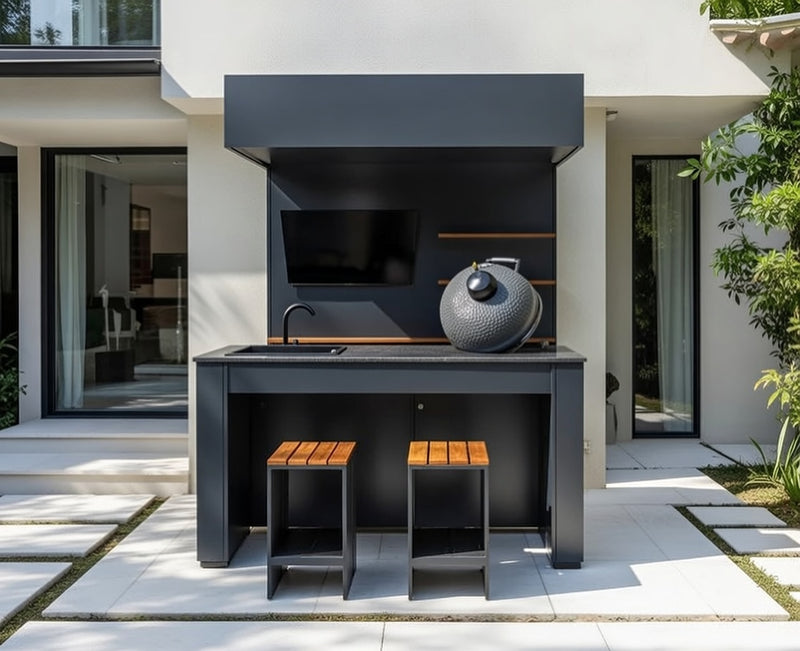 Grillandia Outdoor Kitchen Open Pro Kamado Grill Cabana, Stools, 40" TV, and Sink | 2M