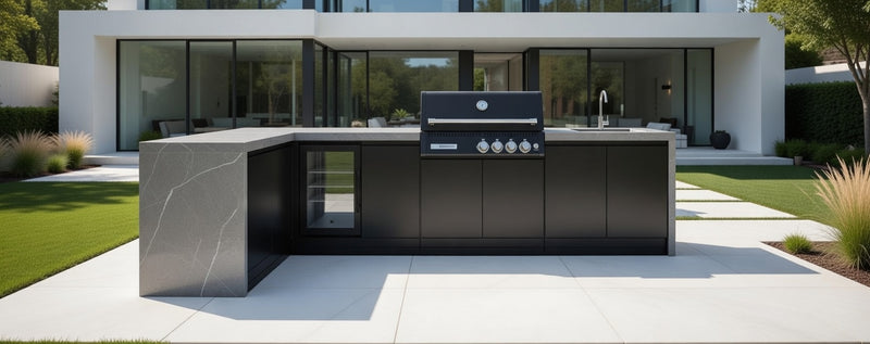 GrandPro L shape Outdoor Kitchen with Black CrossRay 4 Burner BBQ, Sink and Fridge
