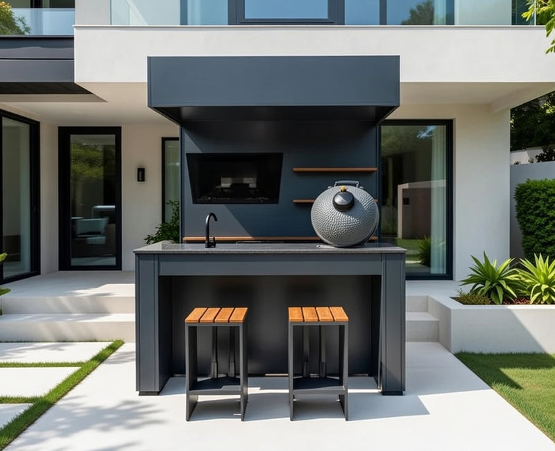 Grillandia Outdoor Kitchen Open Pro Kamado Grill Cabana, Stools, 40" TV, and Sink | 2M
