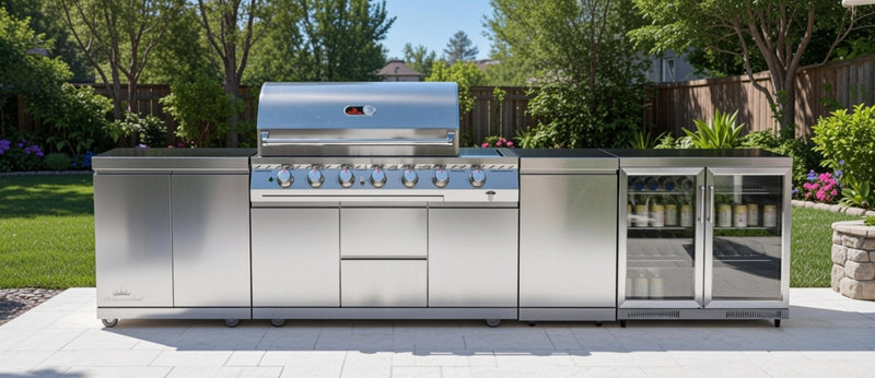 Whistler Outdoor Kitchen 6 Burner BBQ, Fridge, Double Doors and Gas Bottle Cabinet | 3.7Meters