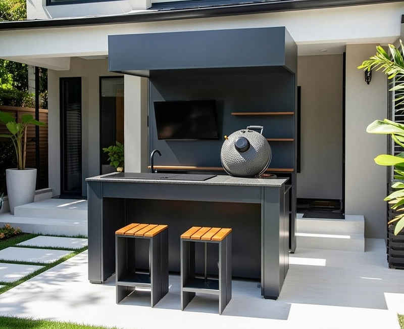 Grillandia Outdoor Kitchen Open Pro Kamado Grill Cabana, Stools, 40" TV, and Sink | 2M
